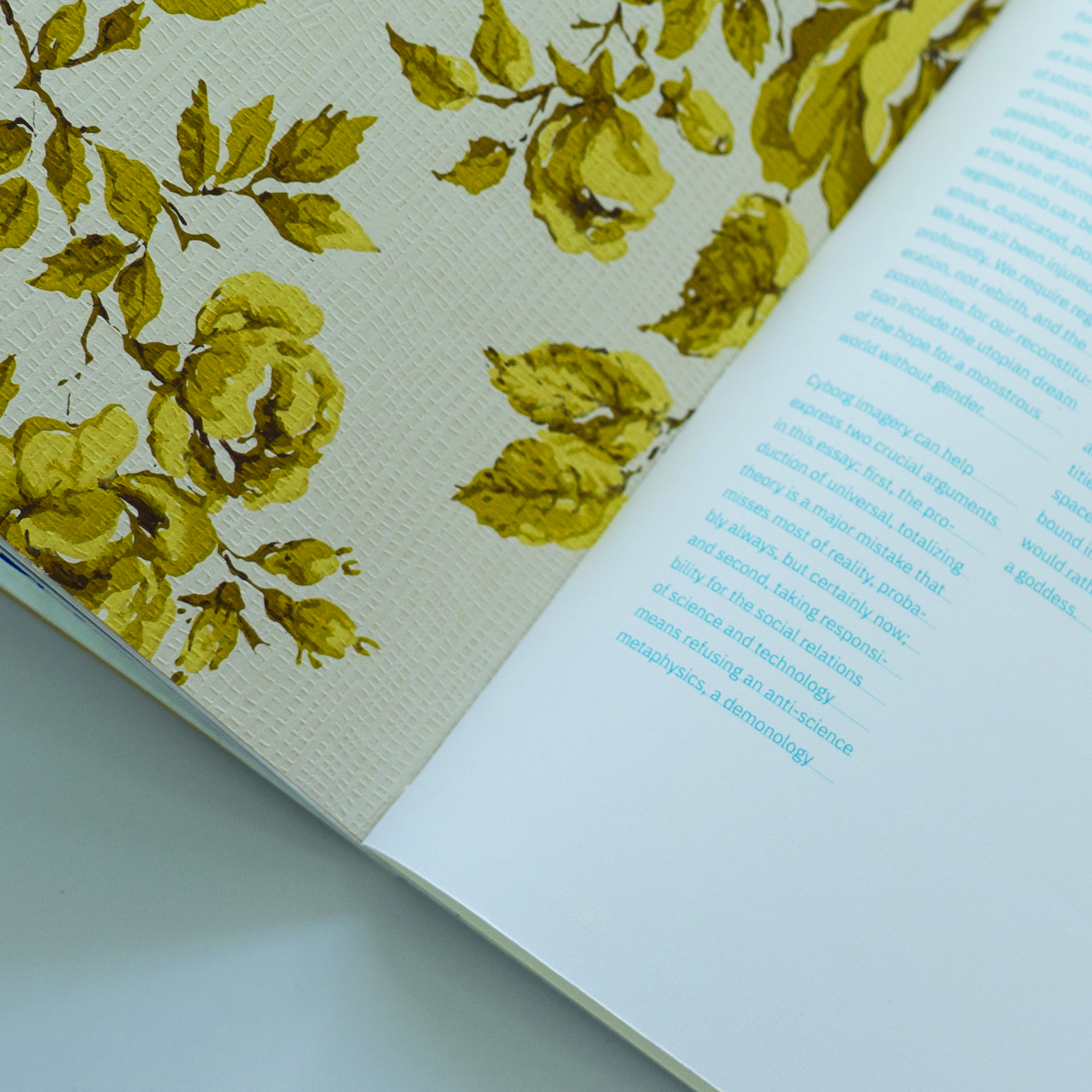 An open book with a golden floral wallpaper page opposite a white page with blue text.