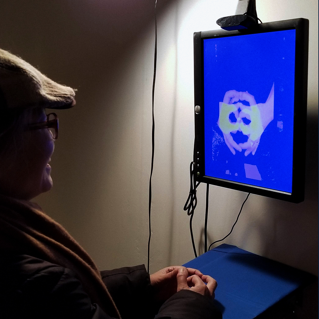 A viewer interacts with the installation, causing her hands to display an image of a shadow puppet on the screen.