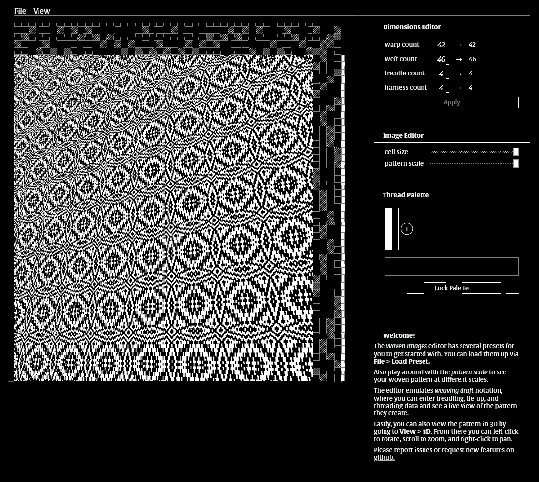 An image showing the user interface for the we application where the colors and patterns of the woven pattern can be changed.
