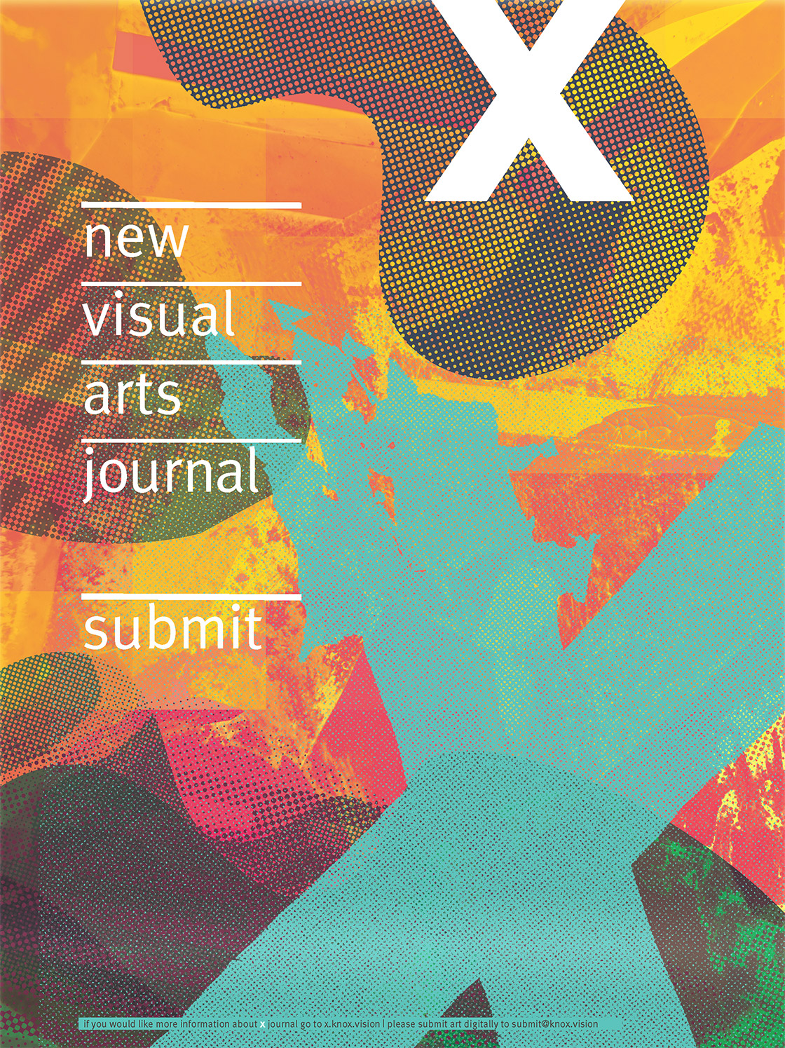 A graphic, colorful, and bold poster reading 'new visual arts journal. submit'.