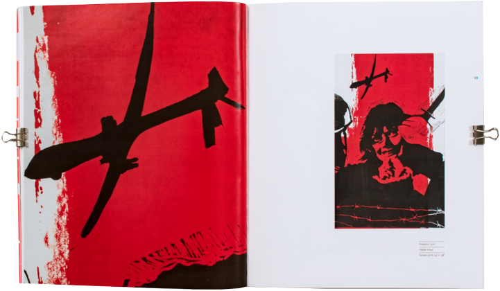 An open book. The right page features an image of a screenprinted artwork and the left page shows a detail of the artwork.